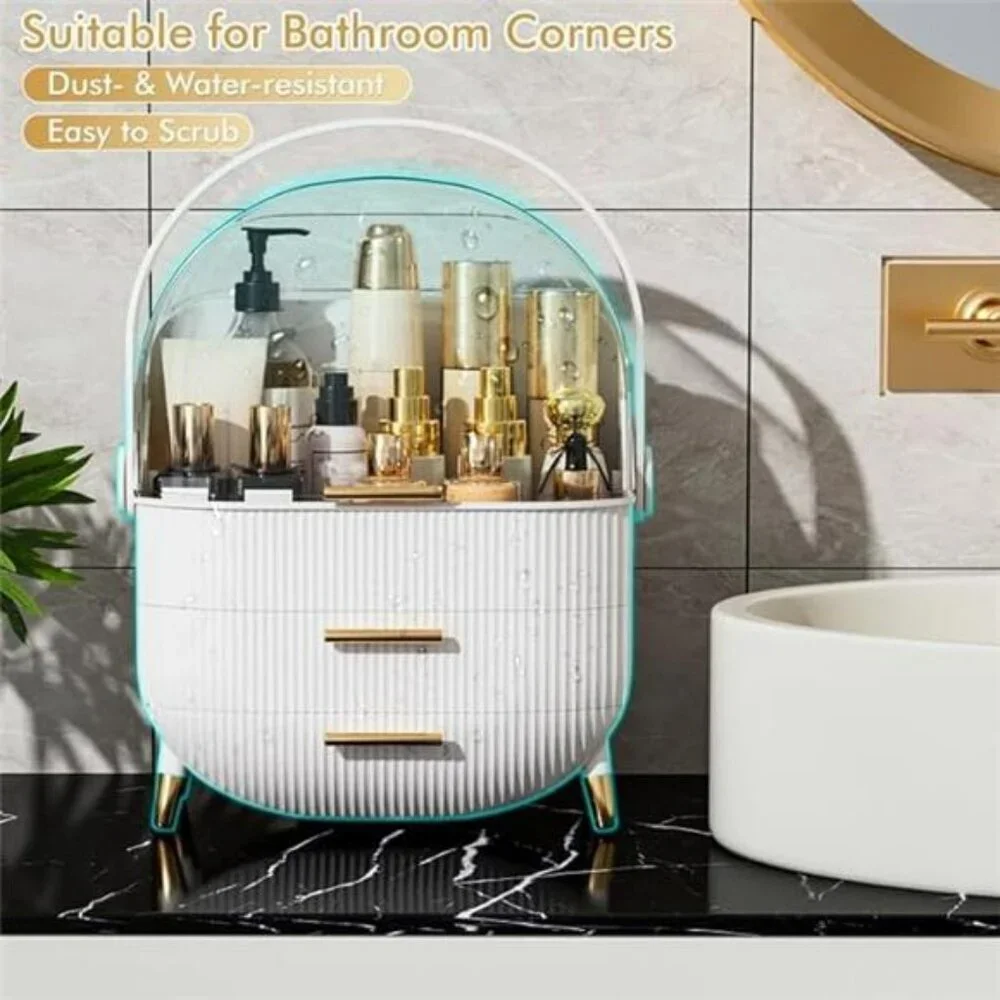 White Makeup Organizer with Lid Skincare Storage Box for Vanity Bathroom